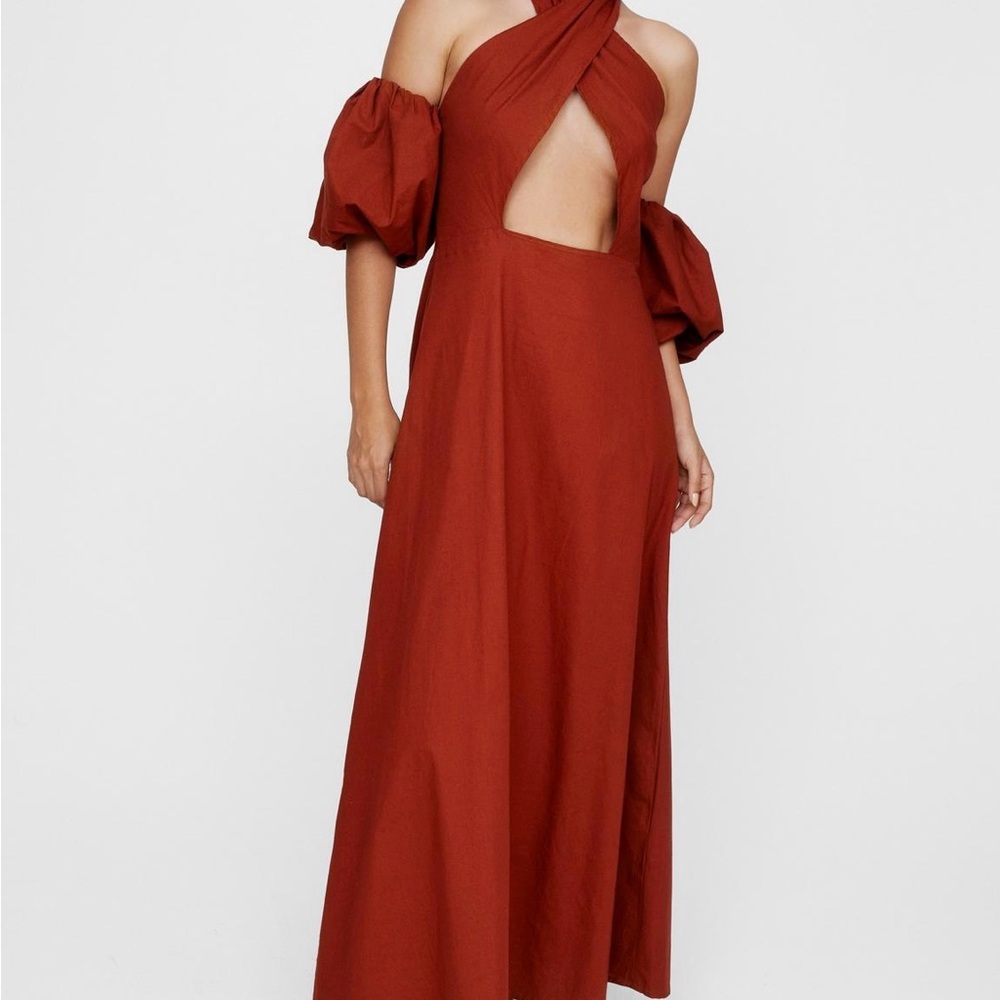 Rust, Halter cut out puff sleeve maxi dress